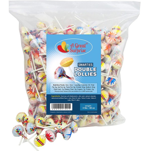 Smarties Lollipops - Smarties Double Lollies, Bulk Individually Wrapped 3LB Party Bag Family Size