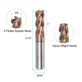 uxcell Carbide Square End Mill, 3/8" Diameter TiAlN Coated 4 Flutes Milling Bit Cutter, for Hardened Steel Stainless Steel Alloy Metal, 3/8" Shank 1" Cut Length 2-1/2" Long HRC50
