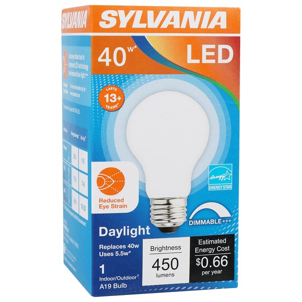 Sylvania Reduced Eye Strain A19 LED Light Bulb, 40W = 5.5W, 13 Year, Dimmable, Frosted, 5000K, Daylight - 1 Pk