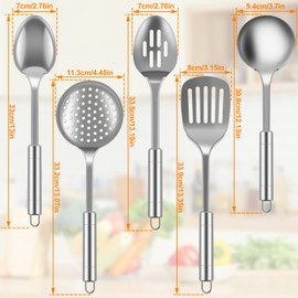 5Pcs Kitchen Utensils Set, Heat Resistant Kitchen Stainless Steel Cooking Spoons Spatula with Hanging Hole, Non-Stick Cooking Tools, Dishwasher Safe
