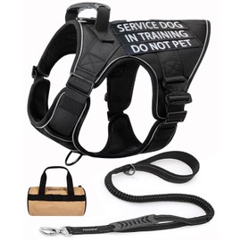 Reflective Service Dog in Training Vest Harness Leash Set for Extra Large Dogs, Adjustable Heavy Duty Black Padded Dog Harness, with Front Clip and Metal Buckles Do Not Pet for Training, Hiking