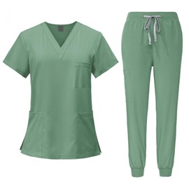 YIJU Female Scrub Set Nurse Workwear V Neckline Professional Machine Washable Top and Joggers Pant Work Clothing for Beauty Center, Green, XL