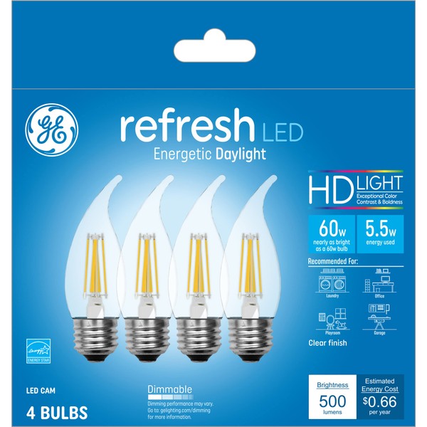 GE Lighting Refresh LED HD Light Bulbs, 5.5 Watt (60 Watt Equivalent) Daylight, Clear Finish, Medium Base, Dimmable (4 Pack)