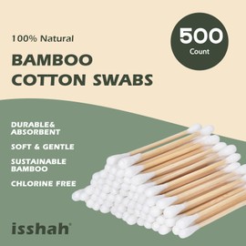Isshah Bamboo Cotton Swabs - 500 Count - FSC Certified and PETA Approved, Eco Friendly Double Tips, Plastic Free Ear Sticks, All Natural 100% Biodegradable Organic Cotton buds by Isshah