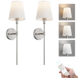 Coinmit Brushed Nickel Battery Operated Wall Sconces Set of 2,Modern 3 Colors Dimmable Indoor Wall Sconces Remote with Fabric Shade(Bulbs Include)