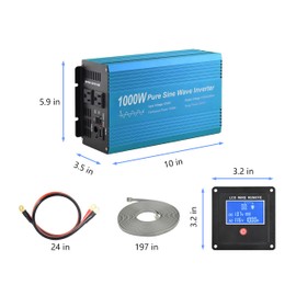 Fit4Less Pure Sine Wave Power Inverter 1000W DC12V to AC 110V with Dual sockets and USB, LCD Remote kit. (1000W)