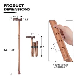 monicare Folding Walking Cane for Men Women Lightweight Adjustable Walking Stick for Seniors with T-Handle (Bronze, 32" - 36")