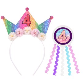 Vovii Rainbow Birthday Girl Headband & Badge for 4 Year Old Girls, Princess Crown Headband for 4th Birthday Decorations