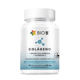 BIO B | Colágeno Hidrolizado 90 Cápsulas Veganas + Ácido Hialurónico + Vitamina C | Fortalece Uñas y Cabello. Humectación | Colágeno bovino y porcino tipo 1 y 3