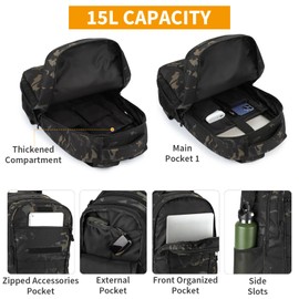 Huntvp Tactical Backpack 15L Small Military Backpacks Molle Rucksack School Daypack Camo Back Pack Causal Daysack Work Bag Rucksacks for Men Women Boys Girls Traveling Hiking Camping Cycling Motorbike