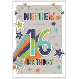 Nephew 16th Birthday Card - Age 16 - Special Finishes - Modern Stars Design - Made in the UK