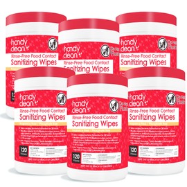 HandyClean Rinse-Free Food Contact Sanitizing Wipes Canister, Multi Surface Cleaning Wipes Cleaning Supplies for Kitchen and Professional Setting 6-Pack (120 Wipes Each)