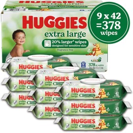 Huggies Extra Large Baby Wipes, Unscented, 9 Flip-Top Packs, 378 XL Wipes Total, Packaging May Vary