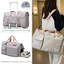 Grey+Toiletry Gym Bag for Women - Foldable Travel Duffel with Wet Pocket & Shoes Compartment, Overnight & Dance Bag, Small Luggage for Women and Man