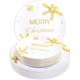 WDF 50Pieces Christmas Plates Gold Plastic Plates - Snowflake Plastic Plate-Heavyweight White and Gold Disposable Plate for Christmas