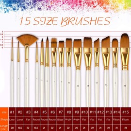 Artist Paint Brush Set of 15 Different Paint Brushes for Acrylic, Watercolor, Gouache, Oil, face, Body Painting, Suitable for Kids and Adults, Beginner and Professional