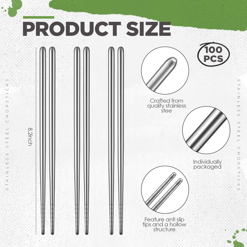 Honeydak 100 Pairs Metal Chopsticks Bulk 8.2 Inch Reusable Stainless