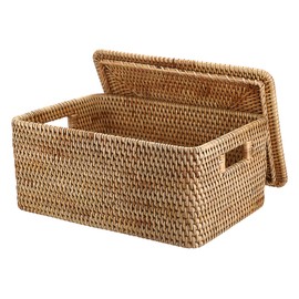 Hipiwe Rattan Basket With Lid Rectangular Lidded Basket Natural Hand-Woven Wicker Storage Basket Bin for Shelf Organizing Picnic Food Bread Table Storage Basket, 15.1 x 11.2 x 7.3 inch