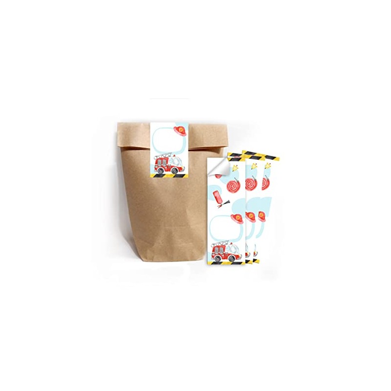 12 Gift Bags (Natural) + 12 Stickers Fire Brigade Engine