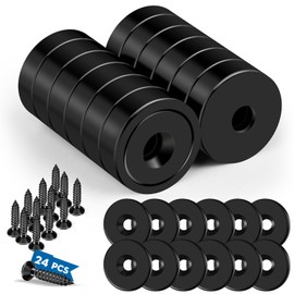 LOVIMAG Cabinet Magnets, 20lbs Rare Earth Magnets, 12Pack Strong Magnet with Holes and Iron Sheet,Neodymium Magnet with Screws for Holding Tools, Door, Magnetic Cabinet Locks-Black,0.63x0.19inch