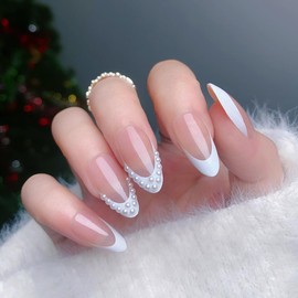 ASONRL 24 PCS Press on Nails Almond - French Tip Medium Gel Nail Fake Nails, Glue On Nails Kit, Reusable False Nails with Mini Nail File for Women- French Almond Pearl