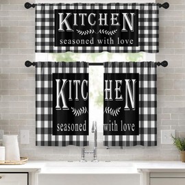 Tayney Black and White Kitchen Window Curtains Valance and Tier Set 36 Inch, Checked Buffalo Plaid Rod Pocket Short Tier Curtain for Bathroom, Farmhouse Rustic Small Cafe Drapes for Kitchen Decor