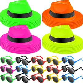 48 Pcs Neon Party Supplies 24 Neon Party Hat Dress Hats with 24 Party Sunglasses Glowing Party Stars Rave Hats Neon Party Supplies for Birthday Gangster Party Music Party Props Favors