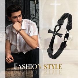 Flongo Men's Ankh Cross: Bracelet Men Black Franco Bracelet Stainless Steel Byzantine Chain Double Row Woven Chain with Egyptian Cross Amulet Men's Jewellery Bracelets for Women Men Boys, Stainless