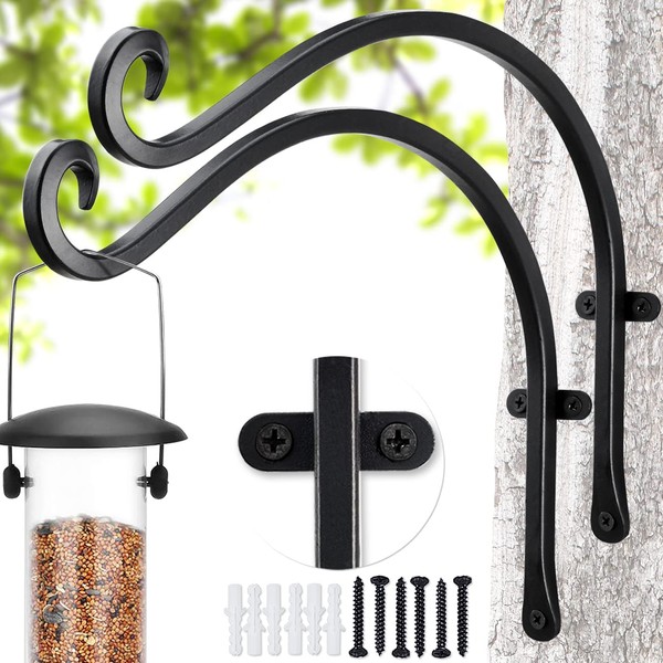 Bird Feeder Hanger: 12-Inch Wall-Mounted Plant Bracket Outdoor - 2 Pieces Black Plant Hooks for Hanging Flower Baskets