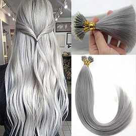 Nano Ring Hair Extensions Human Hair Keratin Cold Fusion Nano Tip Micro Nano Beads Link Thick Hair Balayage Highlight Ombre Real Remy Hair 1g/s (18inch50gr50s, Silver Gray)
