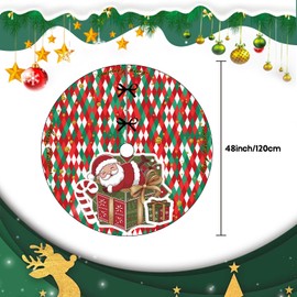 Christmas Tree Skirt Round, Red Green Plaid Tree Skirt Christmas Decor, 48In Cute Santa Claus Xmas Tree Skirt with Gift Box, Polyester Xmas Tree Mat for New Year Winter Holiday Home Christmas Ornament