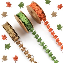Threetols 3 Rolls 15 Yards Fall Ribbons, Green Brown Orange Thanksgiving Ribbons Maple Leaf Shape Craft Ribbons Trim Embellishment for Gift Wrapping Autumn Party Decoration