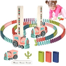 Juego Dominó Juguete para Niños 180PCS - Trenes de Juguetes, Dominó Tren Eléctrico Juego con Luces y Sonidos, Apilamiento Creativo Juguetes Educativos, para Niños Mayores de 3 Años (Tren Rosa)