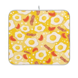 Dussdil Dish Drying Mats Fried Eggs Bacon Tomatoes Drainer Rack Mat for Counter 16 x 18 Inch Microfiber Dry Dishes Pad Coffee Bar Sink Countertops Mats