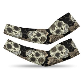 Xmkltbz 1 Pair Cooling Arm Sleeves, Unisex Warmer Spandex Sports Cover Uv Sun Protection for Cycling Golf Running XL Print Vintage Retro Seamless Gothic Sugar Skulls with Roses, Roses Thorns