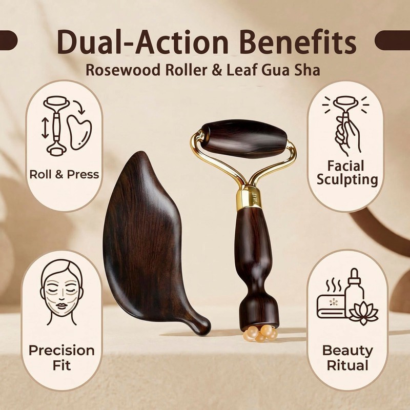 Red Sandalwood Face Roller & Leaf Gua Sha Set, Dual