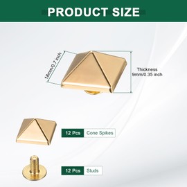 uxcell 12 Pcs Square Spike Studs Rivets 18mm Metal Leather Rivets Rapid Rivet Studs Assortment Kit for DIY Leather Craft Clothing Bags Decorations, Gold