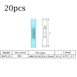 Pack of 20 22-16 AWG Waterproof Cable Connectors BHT1.25, Butt Connector with Heat Shrink Tube, Cable Connector, Insulated Waterproof Crimp Connector, Shrink Connector, Crimp Connector, Blue