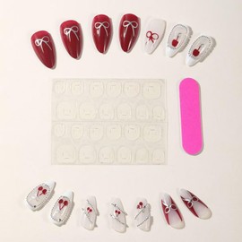 Press on Nails Medium Almond Fake Nails French Tip with Bow Cherry and Rhinestones Charm Designs Stick on Nails for Women 24 Pcs (Red-26, M-26)
