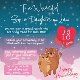 Hunts England - Son And Daughter In Law 18th Anniversary Card - Starry Night - Cute Bears - Verse 18th Anniversary Card For Son And Daughter-in-Law - Poem Son And Daughter-in-Law Anniversary Card