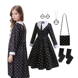 ChouGlow Schwarzes Kostüm Mädchen Mittwoch Kostümkleid Kleid mit Zubehör Karneval Cosplay (SH, 110)