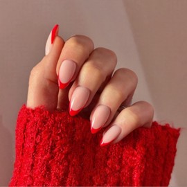 Medium Oval Press on Nails - 24PCS Red Almond False Nails - Nude Based Red French Tip Fake Nails with Glue - Natural Glossy Elegant Full Cover Acrylic Classic Soft Gel Stick on Nail for Women Nail Art