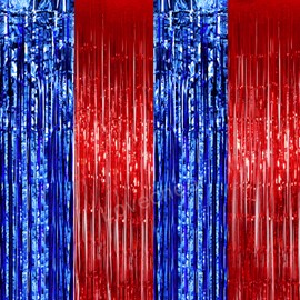 Lovecheer 4PCS Red and Blue Backdrops Curtains Foil Fringe Party Streamers Cheer for Wedding Birthday New Year Christmas Sports Party Tinsel Photo Background Decoration, 3.3 x 6.6ft