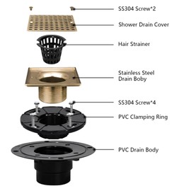 Uni-Green Champagne Bronze Shower Drain 4-1/4 Inch - Square Gold Shower Drain Kit with ABS Flange for 2" or 3" Pipe - Low Profile 304 Stainless Steel Shower Floor Drain Kit with Hair Carcher