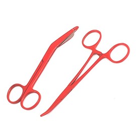 Precise Canada: Set of 2 Lister Bandage Scissors 5.5" + Hemostat Forceps Curved 5.5" Full Red Color Stainless Steel