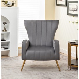 Container Furniture Direct Armchair Modern Velvet Accent Chair, Channel Tufted Bedroom, Office or Living Room Furniture with Elegant Metal Legs, Grey