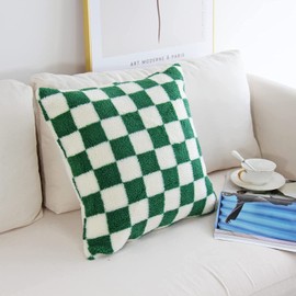 2 Pack Checkered Pillow Covers 18x18 Inch Soft Faux Fur Decorative Square Throw Pillow Covers Checkerboard Cushion Cases for Sofa Bedroom Couch Chair (Green)