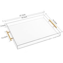 Large Clear Acrylic Serving Tray (14×18 Inches) with Gold Handles Spill Proof Acrylic Decorative Tray Organiser for Ottoman Coffee Table Countertop