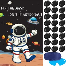 Hooqict Pin The Mask on The Astronaut Space Party Games for Kids Birthday Game Astronaut Solar System Outer Space Themed Party Decorations, Large Poster with 24 Mask Stickers