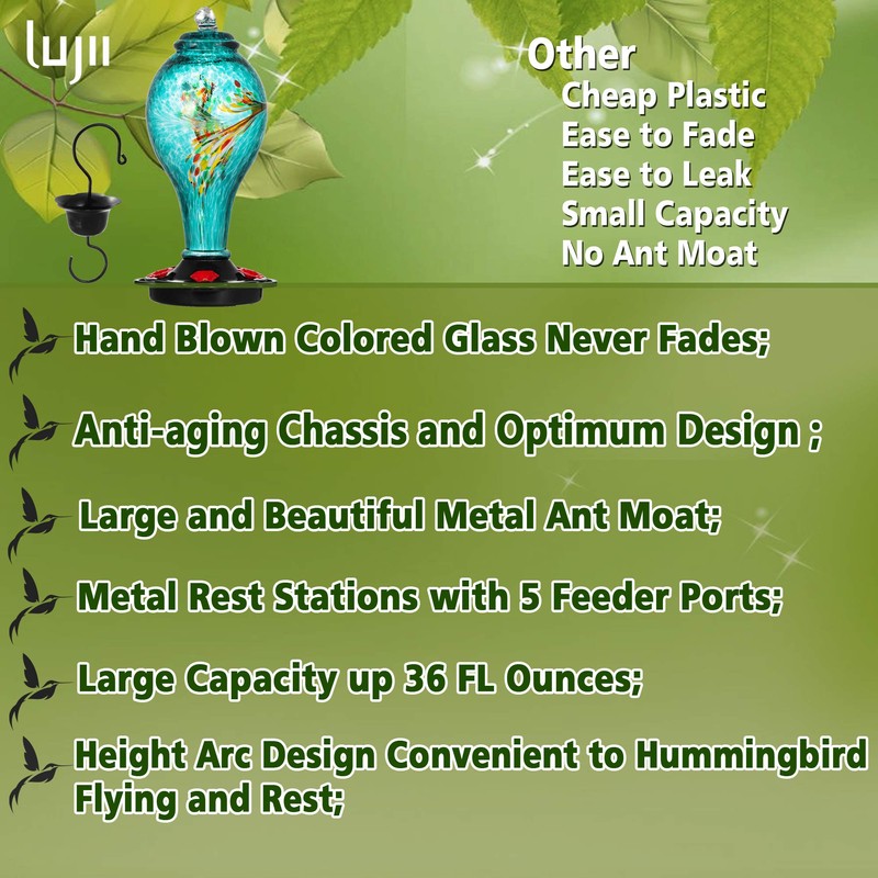 LUJII Hummingbird Feeder, Hand Blown Glass Hummingbird Feeder, Never Fade,